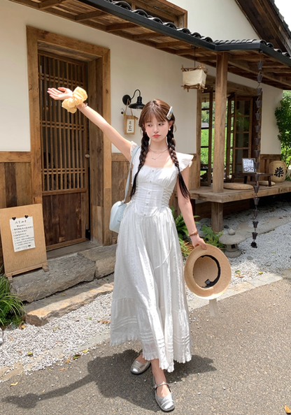 White square collar small flying sleeve waist dress women's summer French temperament A-line skirt R4746