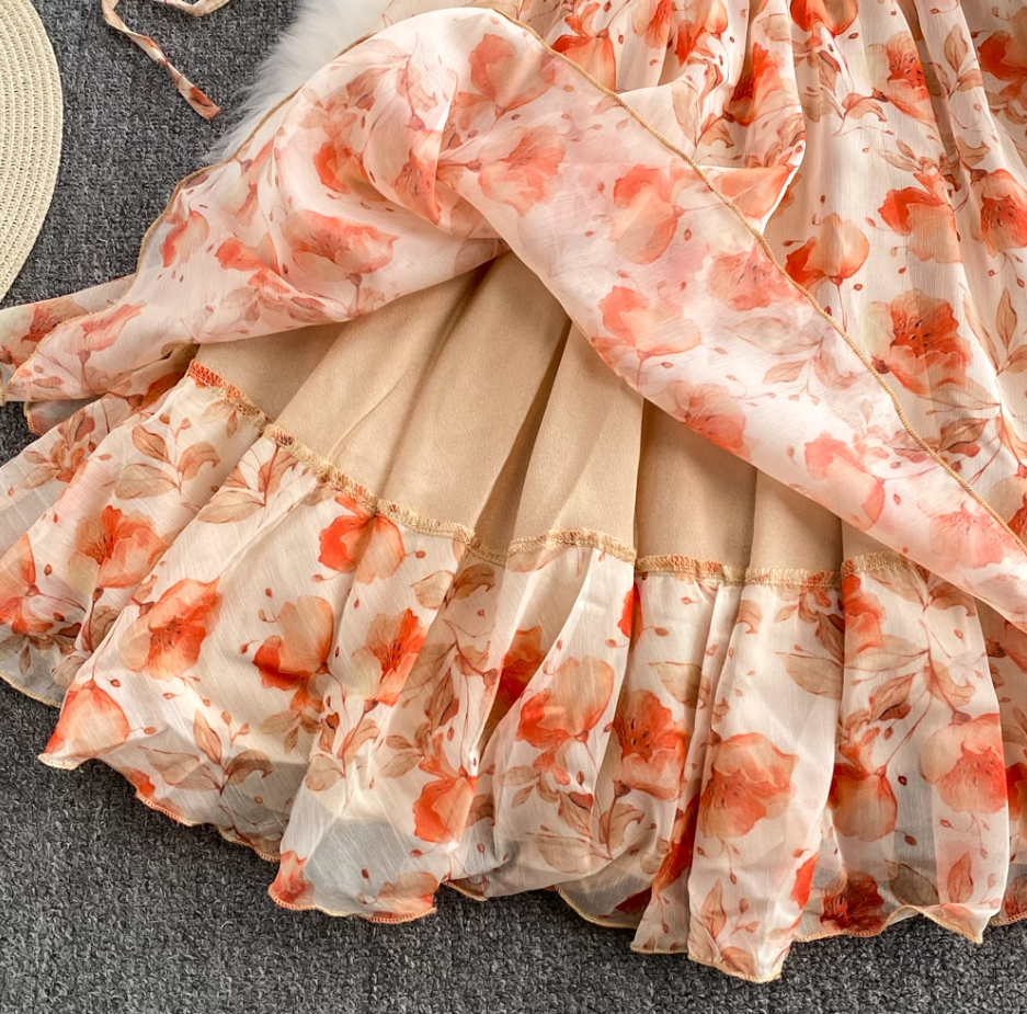 Pure and sweet chiffon lace with built-in chest pad orange sleeveless pullover A-line suspender dress R0364