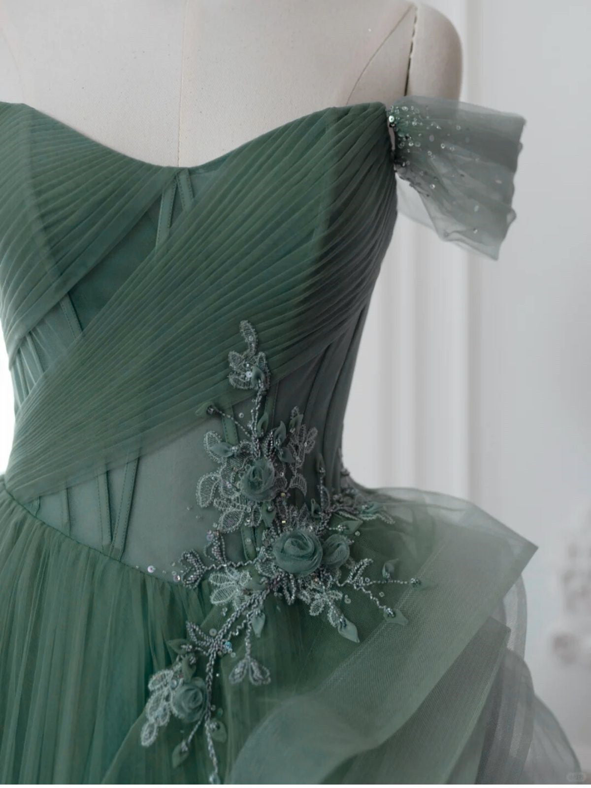 A-line Tulle Sweetheart Off Shoulder Party Dress, Beaded Long Tulle Prom Dress