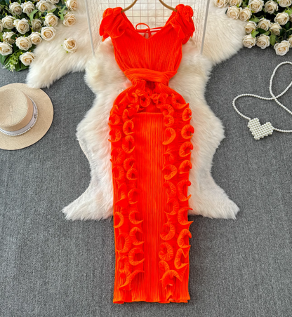Banquet high-end dress light luxury niche pleated three-dimensional ruffled slim temperament dress R0349