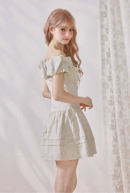 Tea pure cotton striped print pleated waist one-shoulder dress R5213
