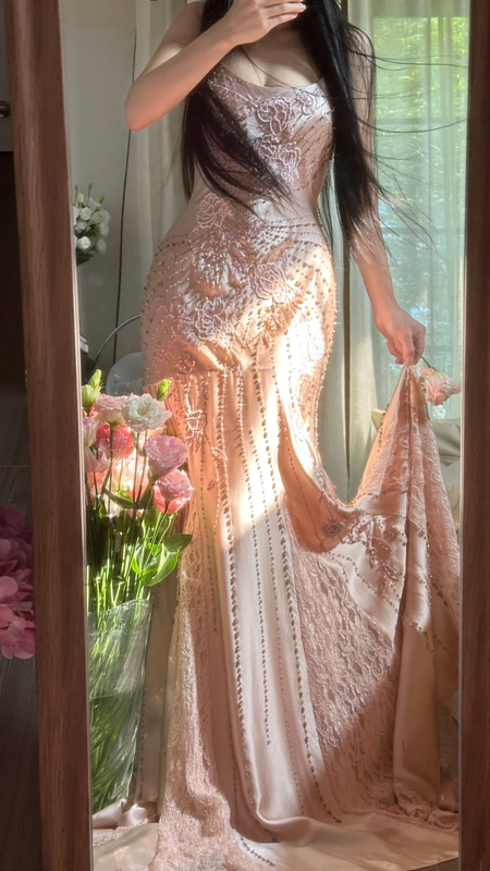 Light pink halter-neck fitted long ball gown with rhinestones - sexy and slimming R7786