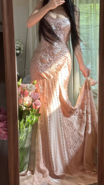 Light pink halter-neck fitted long ball gown with rhinestones - sexy and slimming R7786