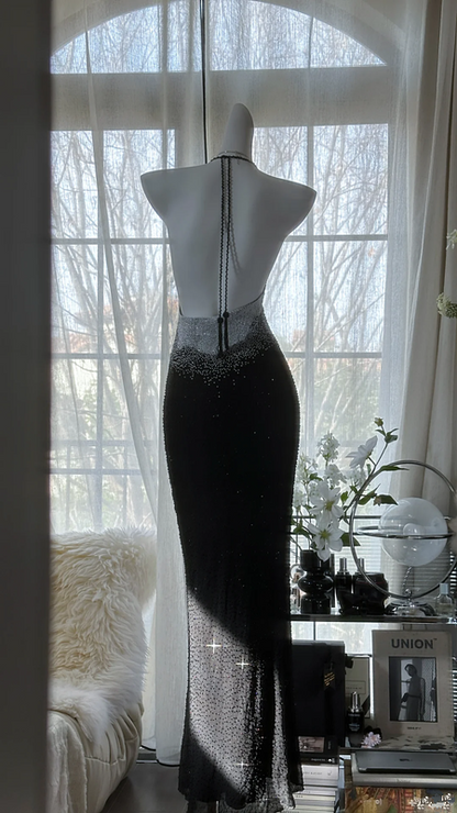 Black halter-neck, fitted waist, backless, sexy bodycon long ball gown R7673