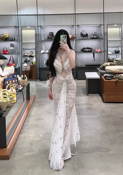 White halter neck, fitted waist, slimming and sexy long ball gown R7905