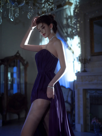 Purple strapless fitted waist slim slit sexy ball gown R7078