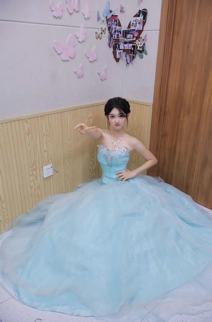 Light blue strapless, fitted waist, full skirt, long ball gown R8702