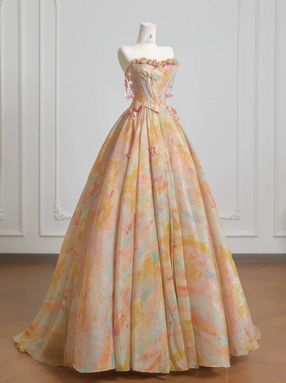 Light orange strapless, fitted waist, full skirt, long ball gown, bridal dress R8223