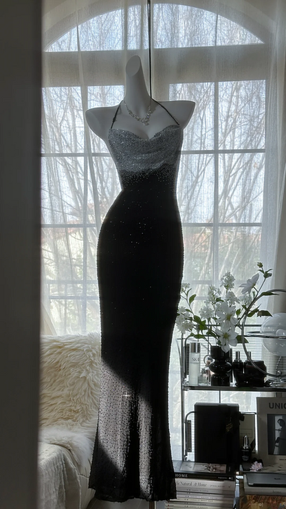 Black halter-neck, fitted waist, backless, sexy bodycon long ball gown R7673
