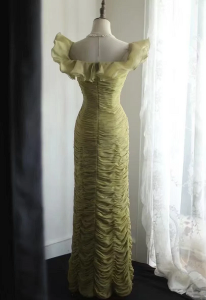 Green off-the-shoulder, fitted, pleated, long ball gown with ruffles R6719