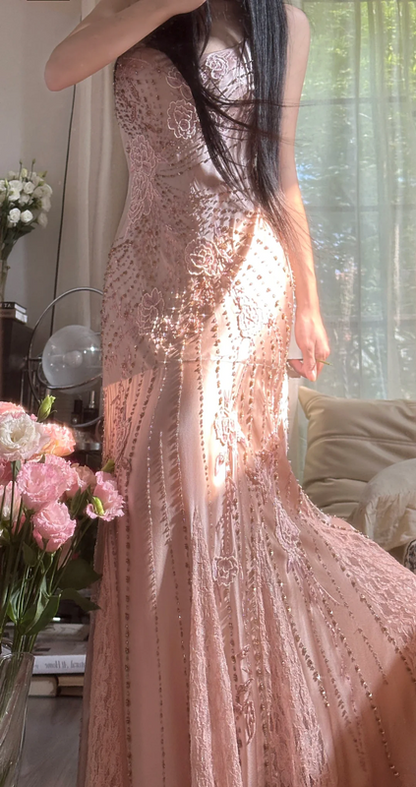 Light pink halter-neck fitted long ball gown with rhinestones - sexy and slimming R7786