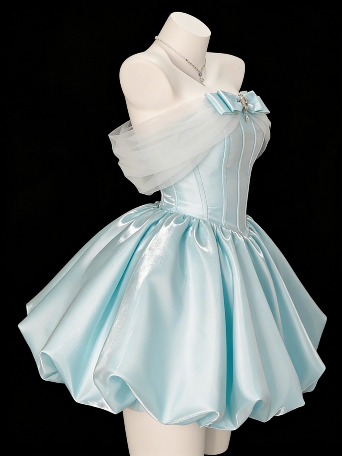 Classy Off The Shoulder Blue Satin A Line Short 7th Grade Homecoming Dress Birthday Dress SP1934