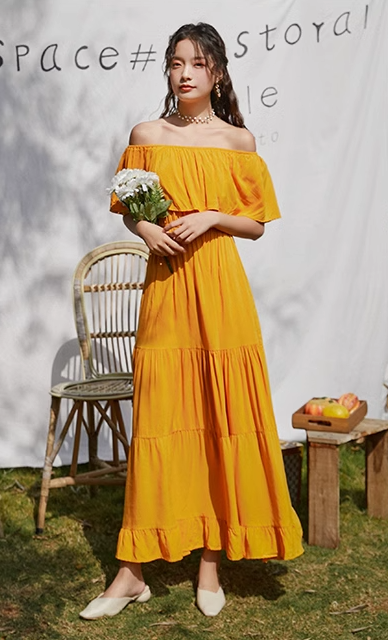 Beach dress seaside vacation Sanya super fairy first love chic French sexy one shoulder dress R0192