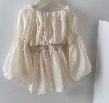 New sweet one-shoulder mesh puff sleeves versatile pleated off-shoulder temperament French shirt top R0278