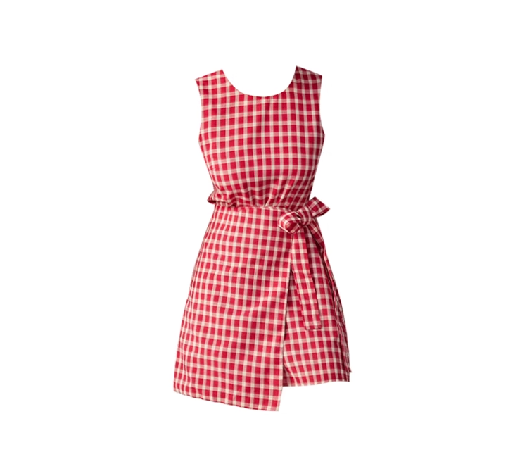 Retro red plaid sleeveless dress for women summer beautiful seaside waist slimming vest dress R0136