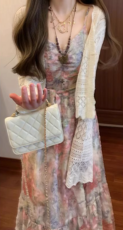 Retro floral suspender dress gentle temperament waist A-line long skirt R0785