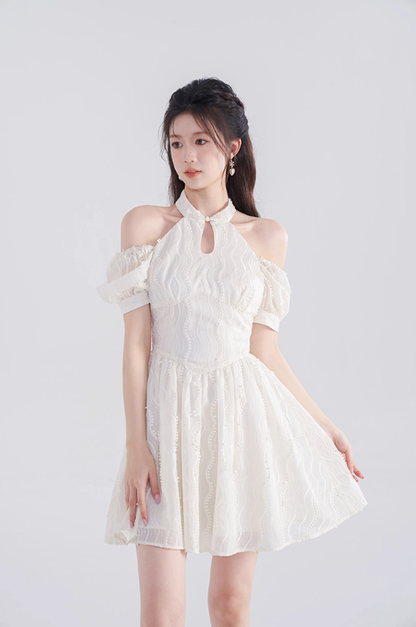 French dress new summer style beautiful temperament waist slimming white short skirt R4503