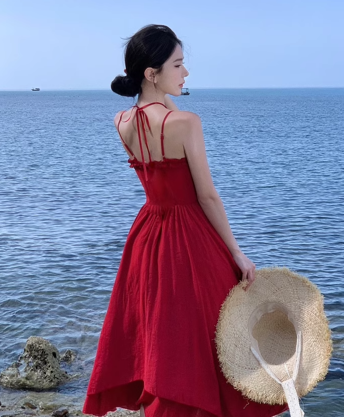 Photo-taking temperament romantic red rose lace-up large waist slimming suspender dress R0188