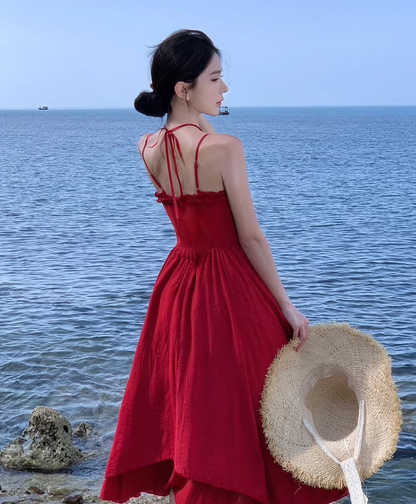 Photo-taking temperament romantic red rose lace-up large waist slimming suspender dress R0188