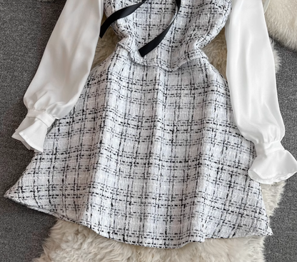 Little Chanel style celebrity temperament fake two-piece long-sleeved stand-up collar waist A-line coarse flower dress R0387