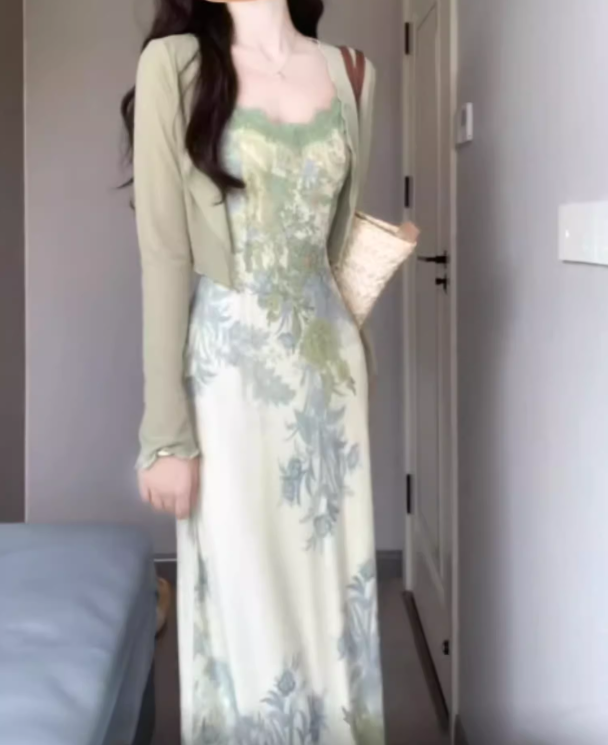 Floral suspender dress beautiful waist dating dress summer R0730