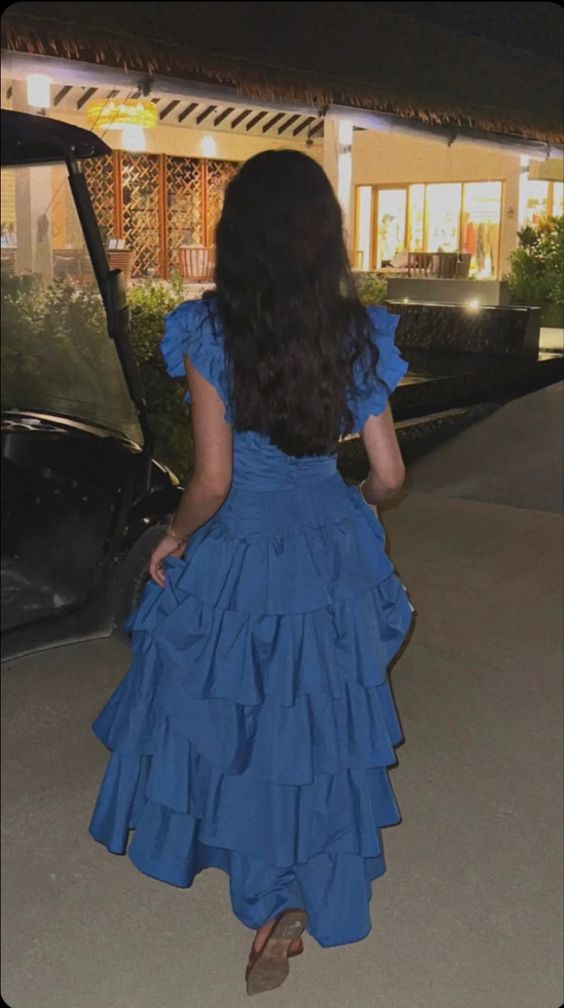 Royal Blue A-Line V Neck Tiered Long Party Dress Wedding Guest Dress MD7511