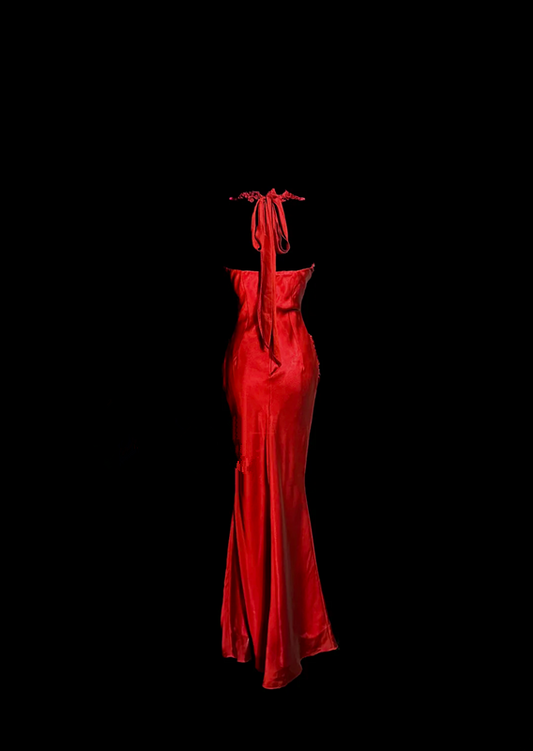 Red halter neck 3D floral dress, fitted waist, bodycon long ball gown R6680