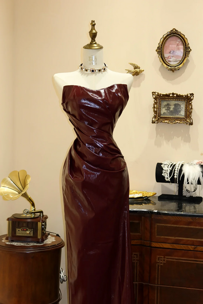 Deep red strapless waist-cinching slim-fit long elegant prom dress R7946