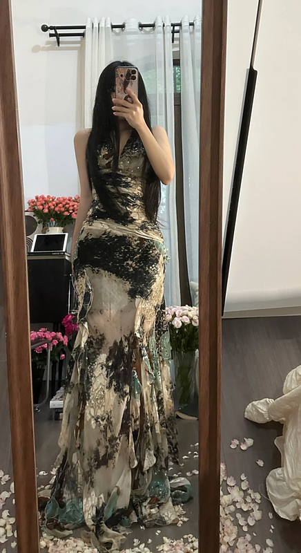 Black and white tie-dye halter neck fitted waist sexy long ball gown R7787