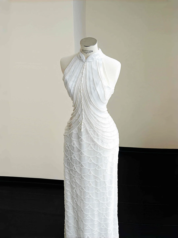 White sleeveless beaded waist slim sexy skirt, prom dress R5685