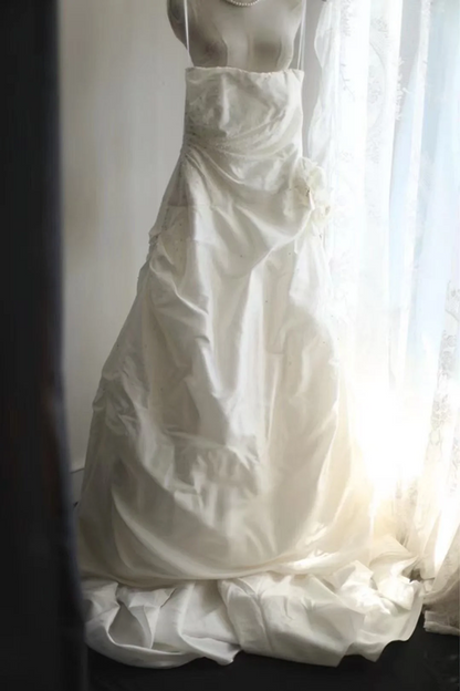 White strapless, fitted waist, full skirt, long ball gown R6720