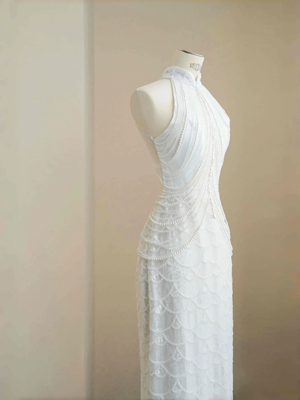 White sleeveless beaded waist slim sexy skirt, prom dress R5685