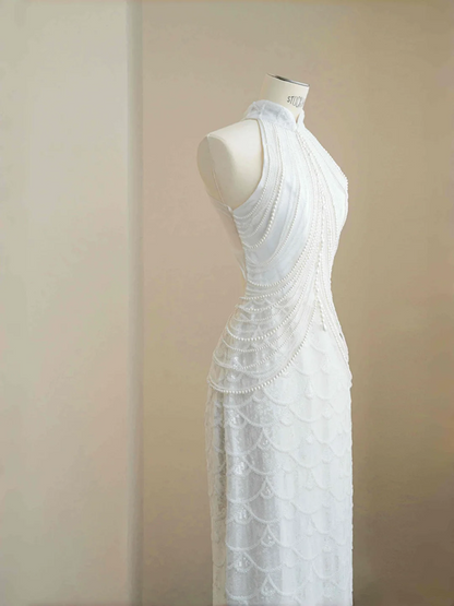 White sleeveless beaded waist slim sexy skirt, prom dress R5685
