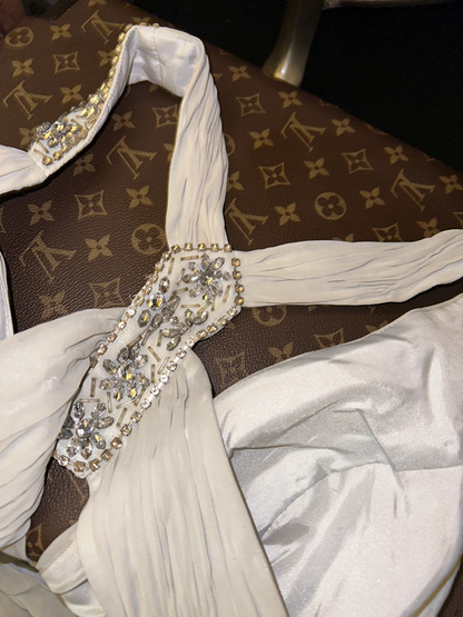 White halter-neck, fitted waist, pleated, sexy long ball gown R7038
