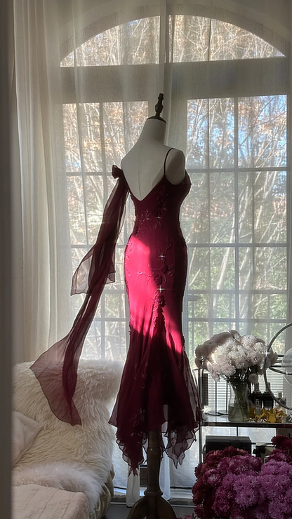 Purple-red halter-neck fitted waist bodycon long ball gown R7715