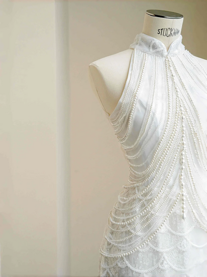 White sleeveless beaded waist slim sexy skirt, prom dress R5685