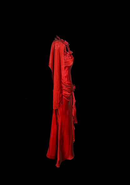 Red halter neck 3D floral dress, fitted waist, bodycon long ball gown R6680