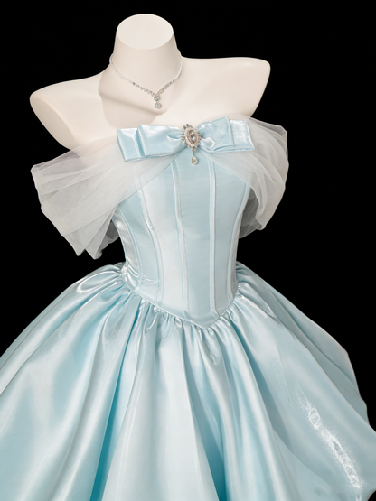 Classy Off The Shoulder Blue Satin A Line Short 7th Grade Homecoming Dress Birthday Dress SP1934