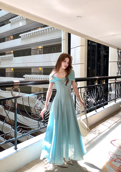Blue long waist suspender dress women's summer French retro thousand gold skirt R4624