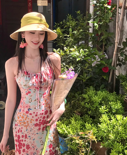 Women's French V-neck floral suspender dress waist and hip long skirt R0611