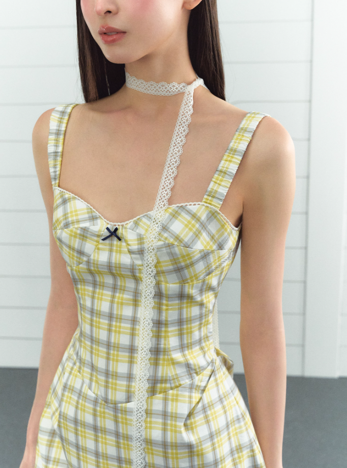 Plaid sweet girl style vest dress female summer A-line French slim suspender skirt R3336
