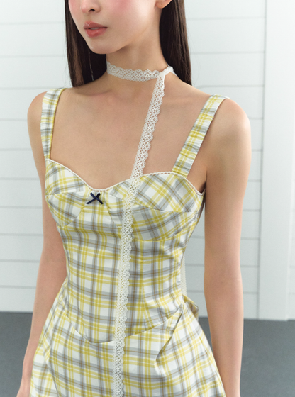 Plaid sweet girl style vest dress female summer A-line French slim suspender skirt R3336