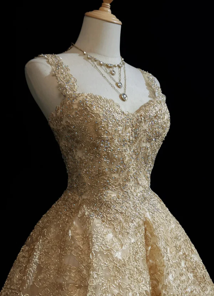 Gorgeous Sweetheart Neck Gold Lace Short Party Dress Formal 8th Grade Homecoming Dress Homecoming Outfits  S913