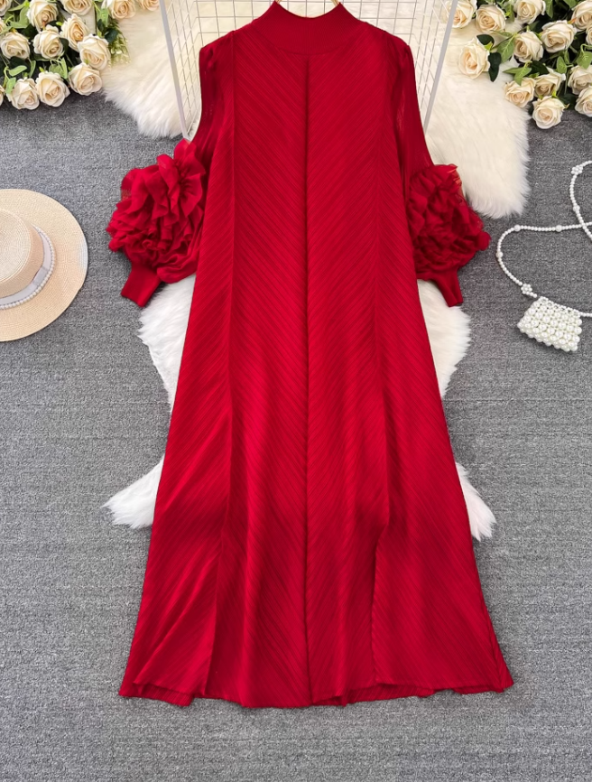 High-class lady temperament pleated lantern long sleeve loose A-line solid color elegant dress R0319