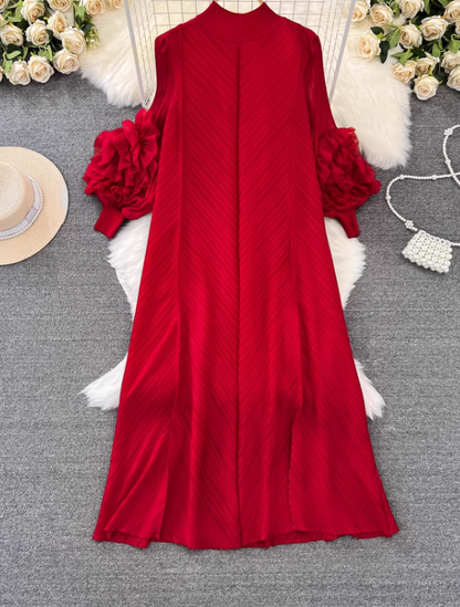 High-class lady temperament pleated lantern long sleeve loose A-line solid color elegant dress R0319