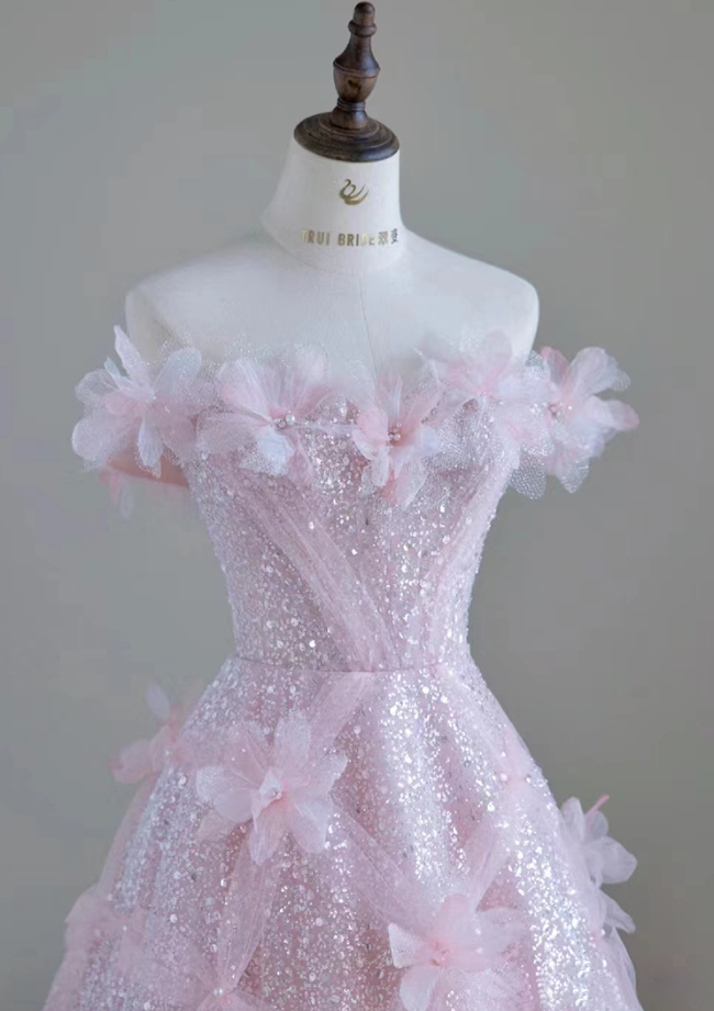 Shiny Pink Off Shoulder A-Line Floral Long Formal Party Dress MD7454