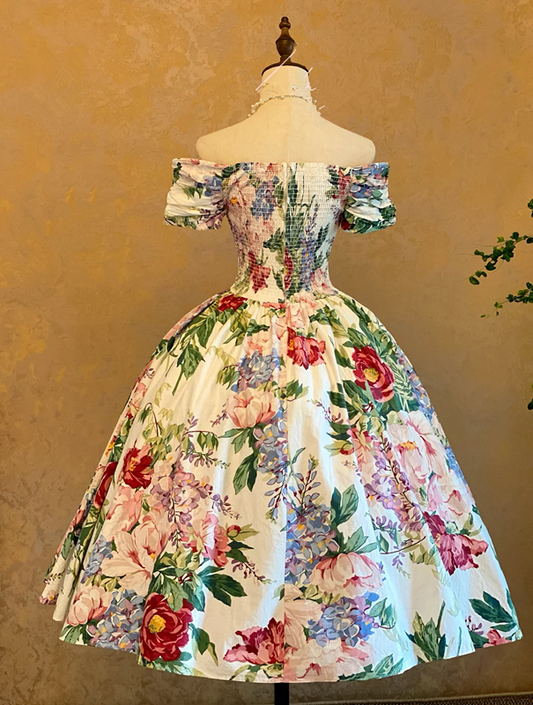 Vintage Printed Off-the-Shoulder Waist-Cinched Elegant Floor-Length Ball Gown R7366