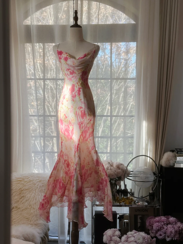 Pink floral print halter-neck fitted bodycon long ball gown R7716