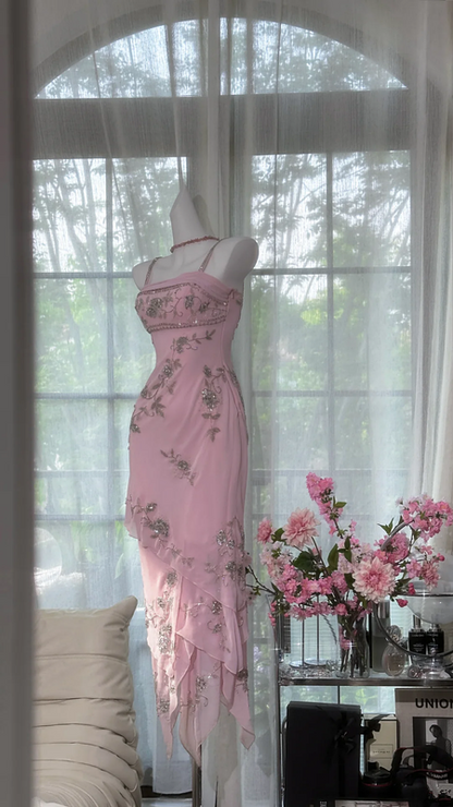 Light pink halter-neck rhinestone-embellished fitted waist bodycon sexy long ball gown R7636