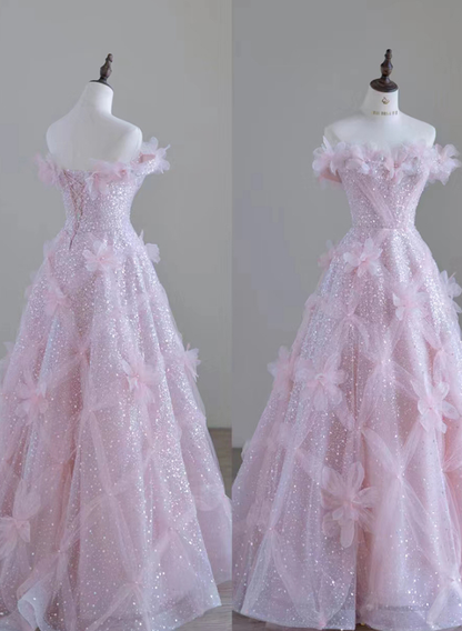 Shiny Pink Off Shoulder A-Line Floral Long Formal Party Dress MD7454